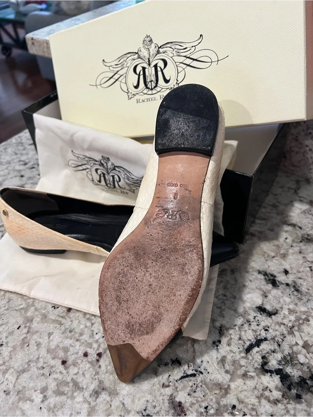 RACHEL Rachel Roy Two-Tone Black and Cream Pointed Toe Flats. Size 6.